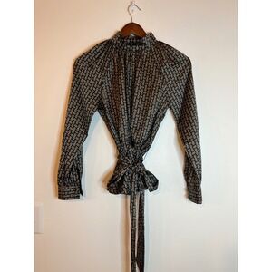 Ann Taylor Mock Neck Tie Waist Blouse Black Gold Chain Link Logo XSP Petite NEW